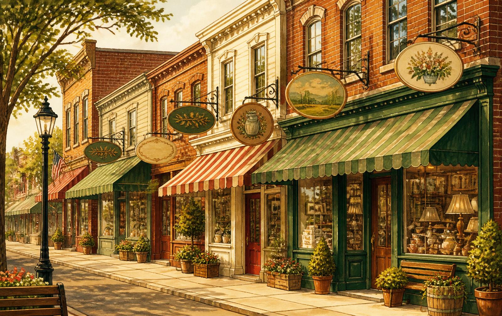 A row of small local businesses with striped awnings on a Main Street